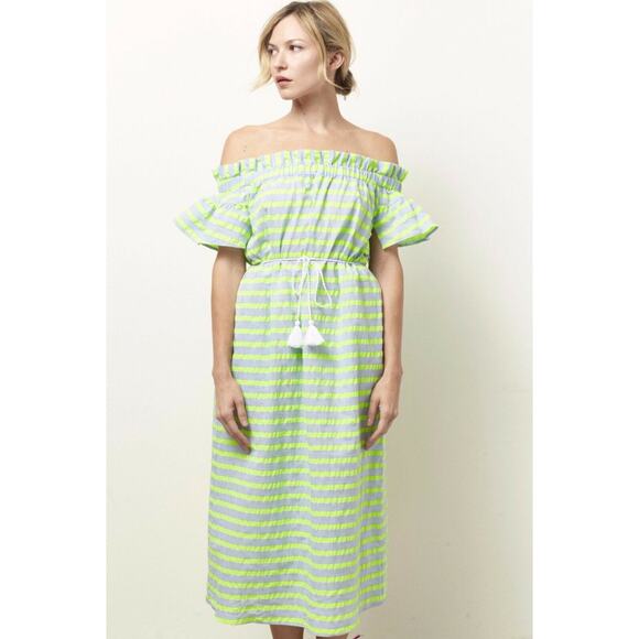New Corey Lynn Calter Biata Off-The-Shoulder Midi Dress $178 SMALL Blue Lime - Picture 1 of 7